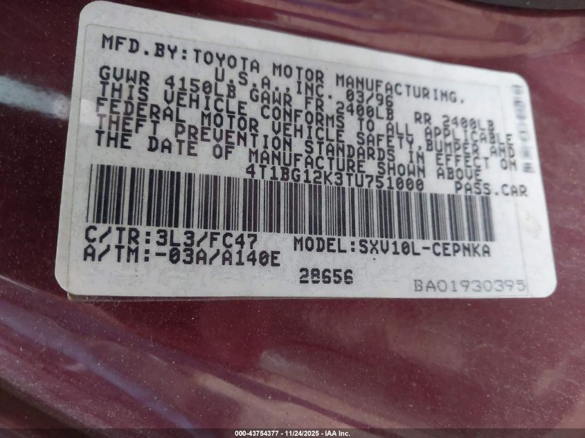 1996 Toyota Camry Dx/Le/Xle VIN: 4T1BG12K3TU751000 Lot: 43754377