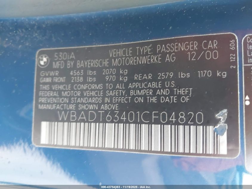 2001 BMW 530Ia VIN: WBADT63401CF04820 Lot: 43754383