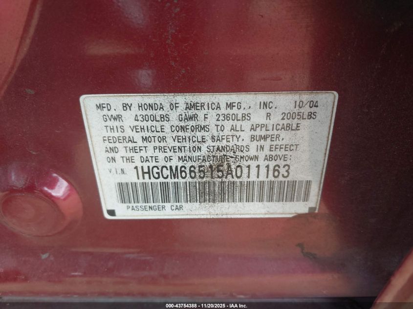 2005 Honda Accord 3.0 Ex VIN: 1HGCM66515A011163 Lot: 43754388