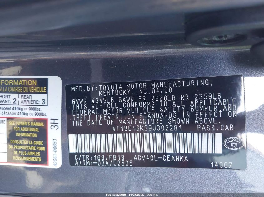 2009 Toyota Camry Le VIN: 4T1BE46K39U302281 Lot: 43754409