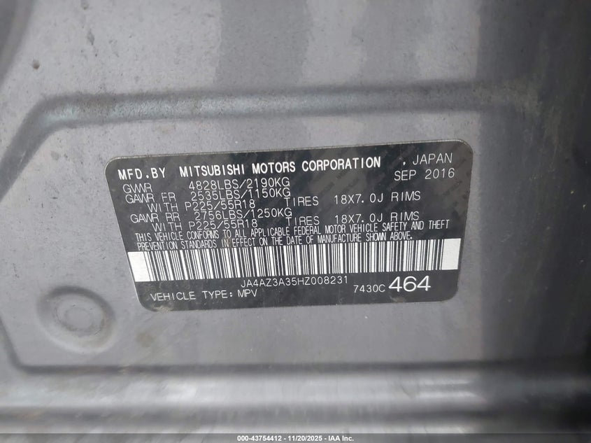 2017 Mitsubishi Outlander Se/Sel VIN: JA4AZ3A35HZ008231 Lot: 43754412