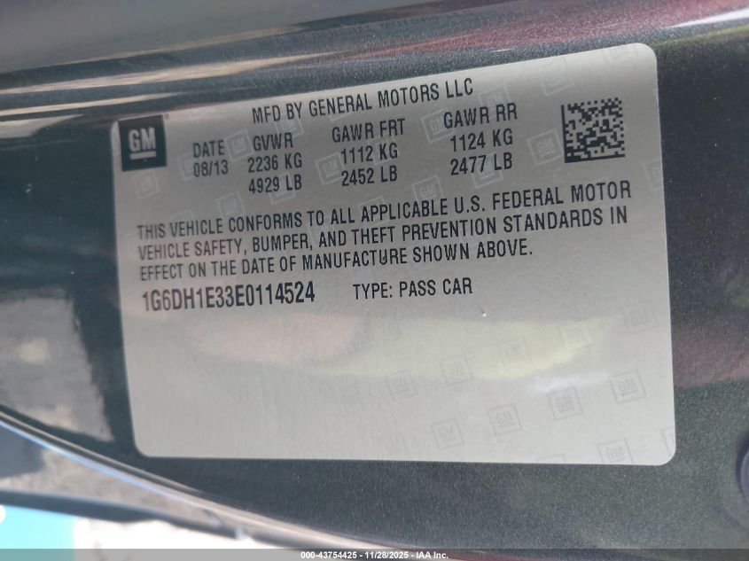 2014 Cadillac Cts Premium VIN: 1G6DH1E33E0114524 Lot: 43754425