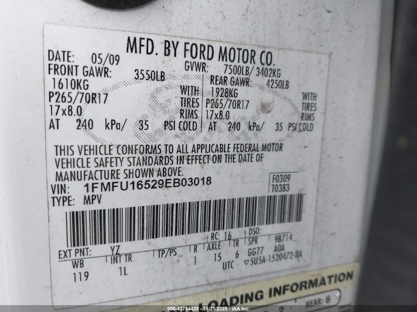 2009 Ford Expedition Xlt VIN: 1FMFU16529EB03018 Lot: 43754429