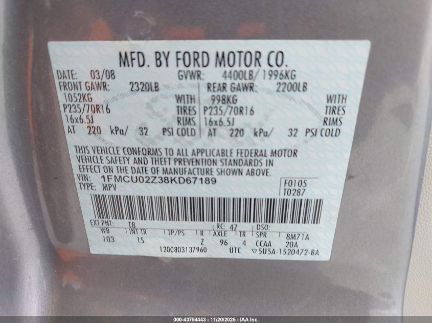 2008 Ford Escape Xls/Xls Manual VIN: 1FMCU02Z38KD67189 Lot: 43754443