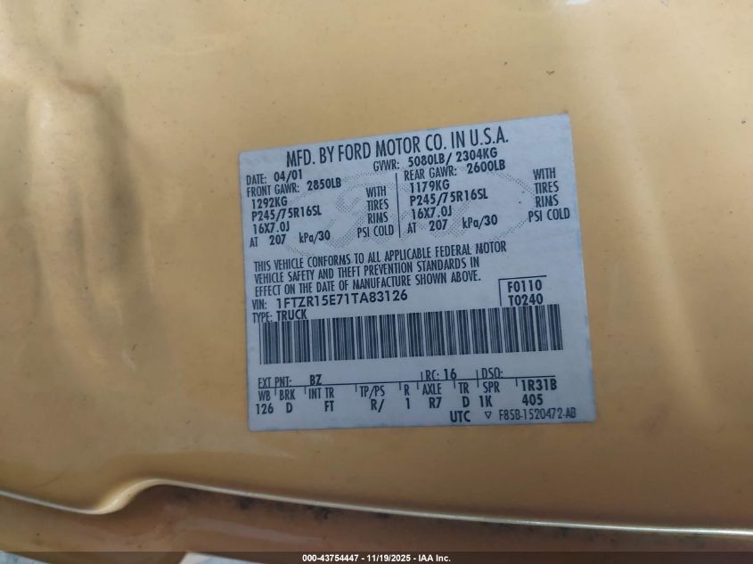 2001 Ford Ranger Edge/Xlt VIN: 1FTZR15E71TA83126 Lot: 43754447