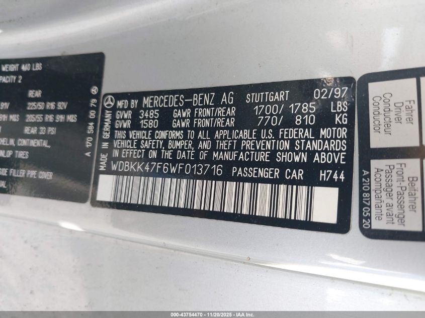 1998 Mercedes-Benz Slk 230 VIN: WDBKK47F6WF013716 Lot: 43754470