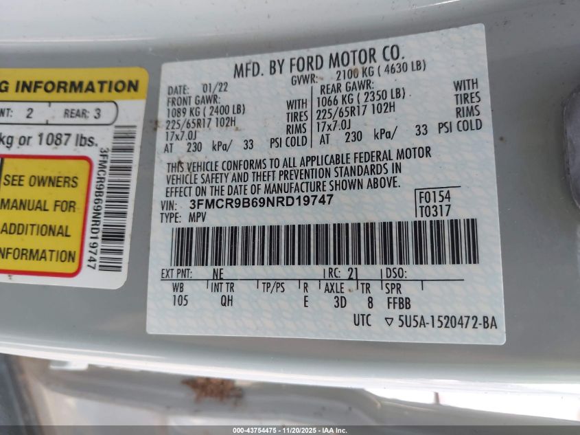 2022 Ford Bronco Sport Big Bend VIN: 3FMCR9B69NRD19747 Lot: 43754475