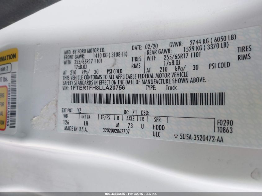 2020 Ford Ranger Xlt VIN: 1FTER1FH8LLA20756 Lot: 43754485