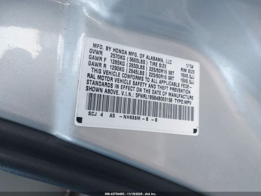 2004 Honda Odyssey Ex-L VIN: 5FNRL18984B065158 Lot: 43754493