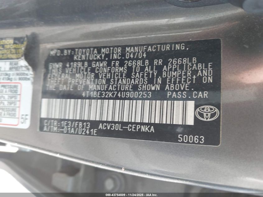 2004 Toyota Camry Le VIN: 4T1BE32K74U900253 Lot: 43754509