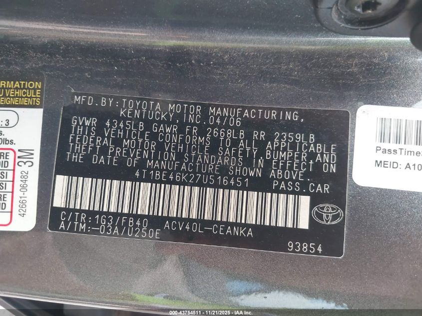 2007 Toyota Camry Le VIN: 4T1BE46K27U516451 Lot: 43754511