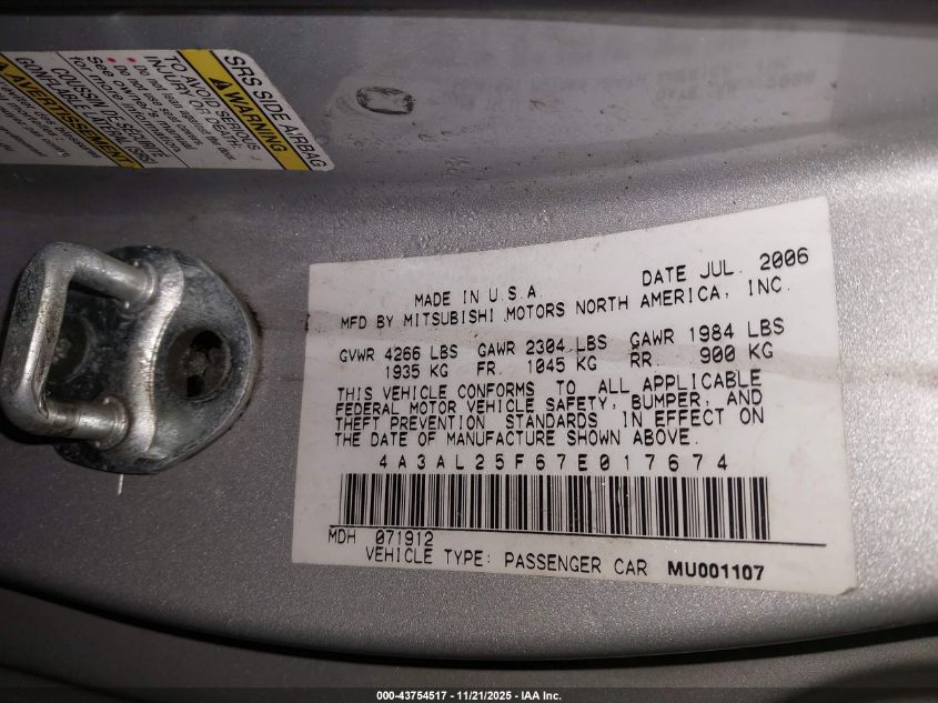 2007 Mitsubishi Eclipse Spyder Gs VIN: 4A3AL25F67E017674 Lot: 43754517