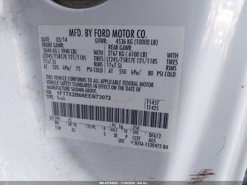 2014 Ford F-250 Xl VIN: 1FT7X2B68EEB73072 Lot: 43754520
