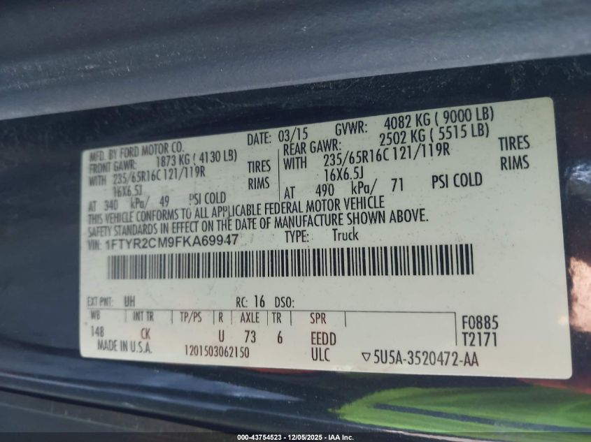 2015 Ford Transit-250 VIN: 1FTYR2CM9FKA69947 Lot: 43754523