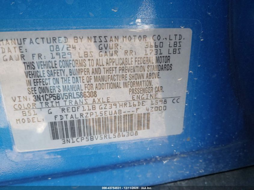 2024 Nissan Kicks S Xtronic Cvt VIN: 3N1CP5BV5RL586308 Lot: 43754531