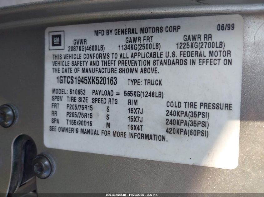 1999 GMC Sonoma Sls VIN: 1GTCS1945XK520163 Lot: 43754540