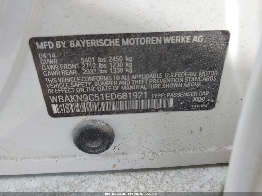 2014 BMW 550I VIN: WBAKN9C51ED681921 Lot: 43754559