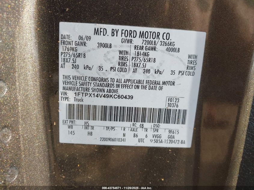 2009 Ford F-150 Fx4/Lariat/Xl/Xlt VIN: 1FTPX14V49KC60439 Lot: 43754571
