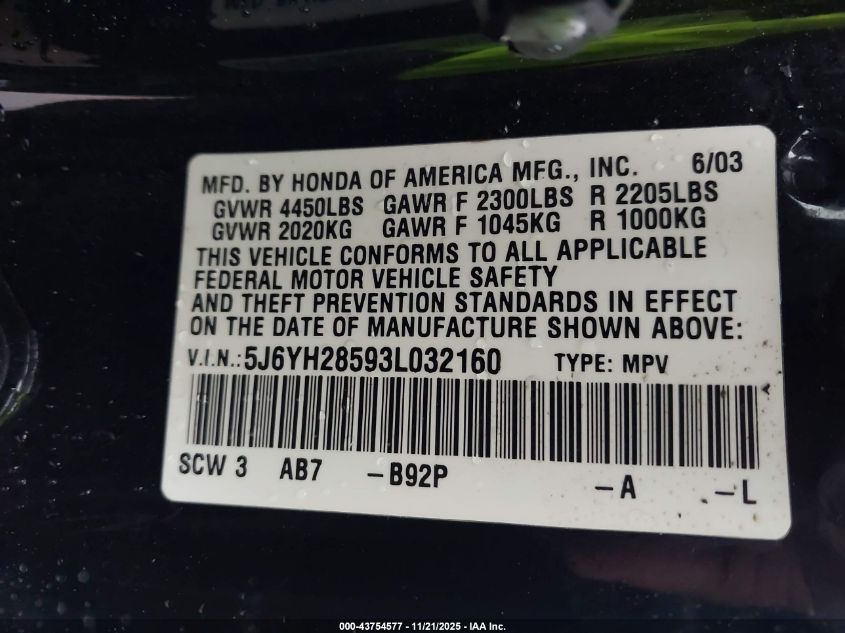 2003 Honda Element Ex VIN: 5J6YH28593L032160 Lot: 43754577