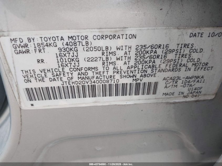 2004 Toyota Rav4 VIN: JTEHD20V340008710 Lot: 43754580