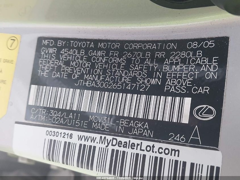 2006 Lexus Es 330 VIN: JTHBA30G265147127 Lot: 43754605