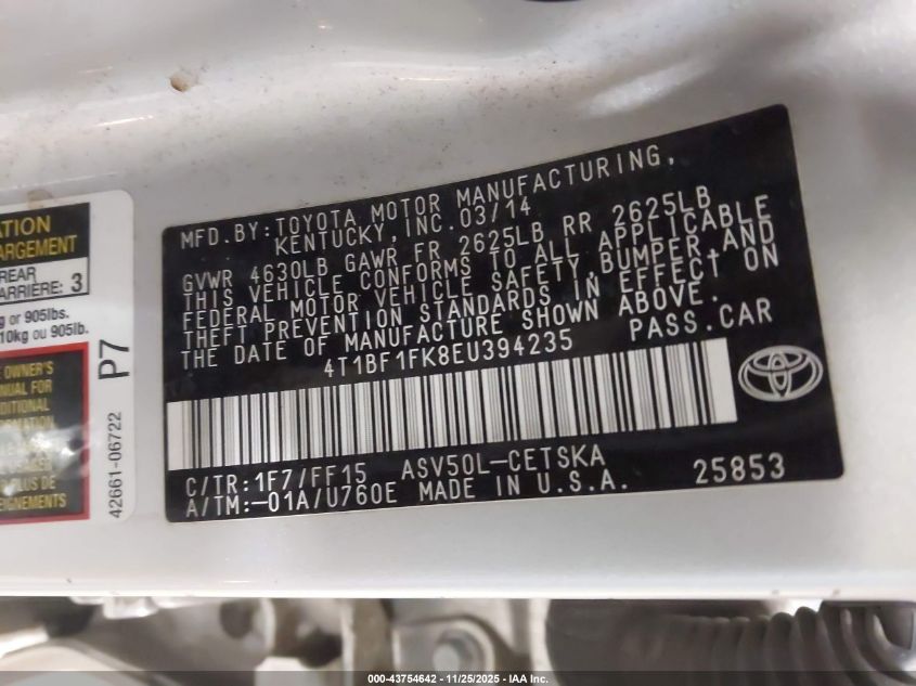 2014 Toyota Camry Se VIN: 4T1BF1FK8EU394235 Lot: 43754642