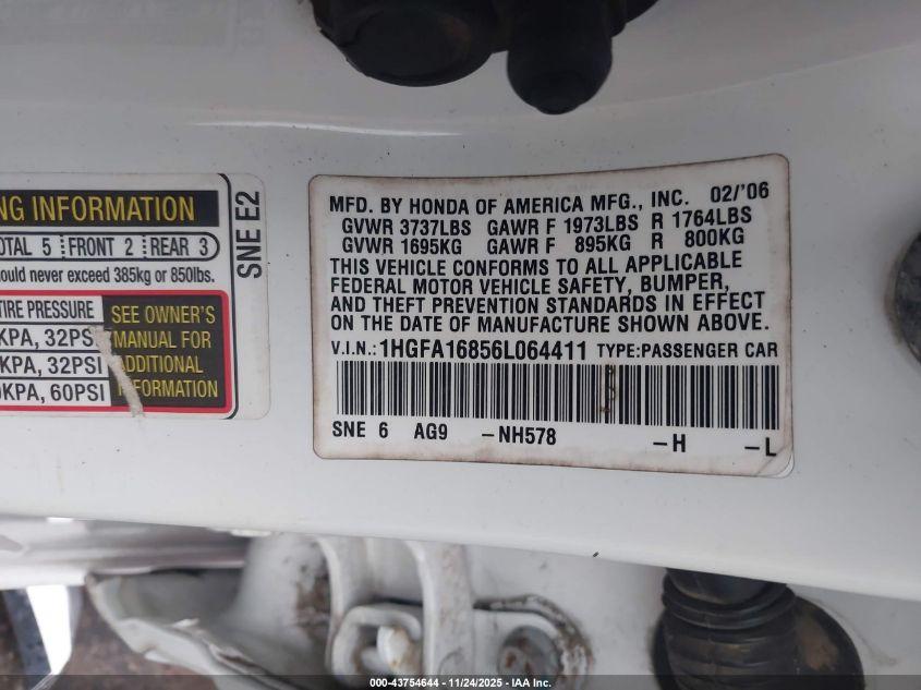 2006 Honda Civic Ex VIN: 1HGFA16856L064411 Lot: 43754644