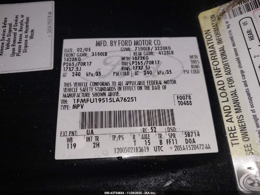 2005 Ford Expedition Limited VIN: 1FMFU19515LA76251 Lot: 43754654