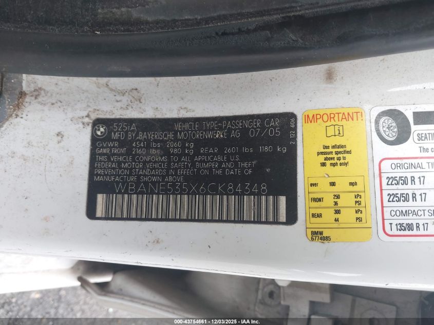 2006 BMW 525I VIN: WBANE535X6CK84348 Lot: 43754661