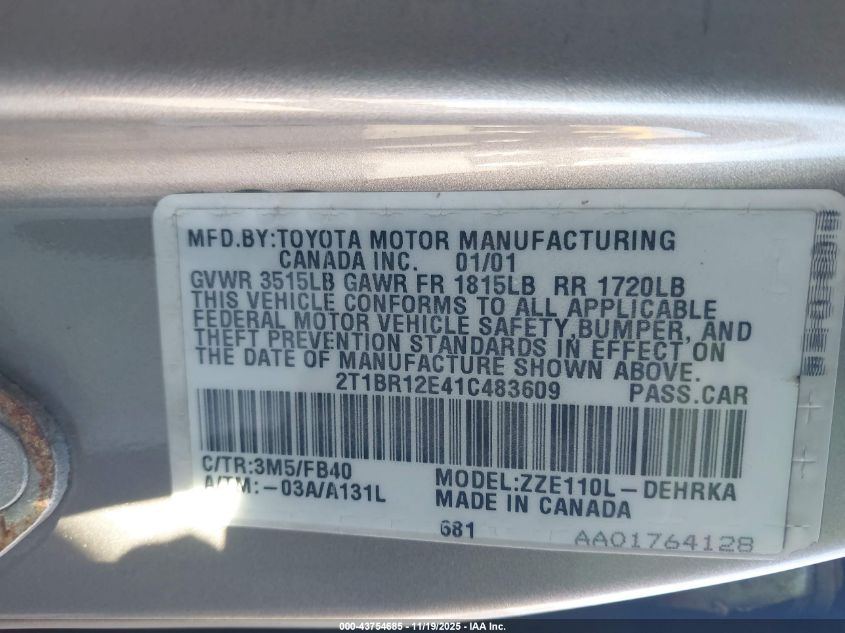 2001 Toyota Corolla Ce VIN: 2T1BR12E41C483609 Lot: 43754685