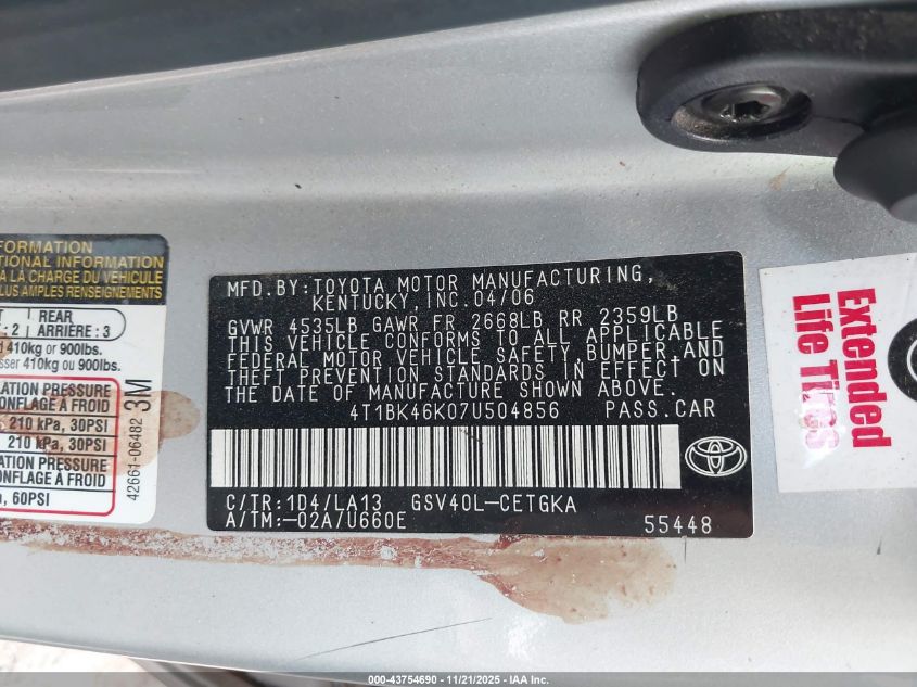 2007 Toyota Camry Xle V6 VIN: 4T1BK46K07U504856 Lot: 43754690