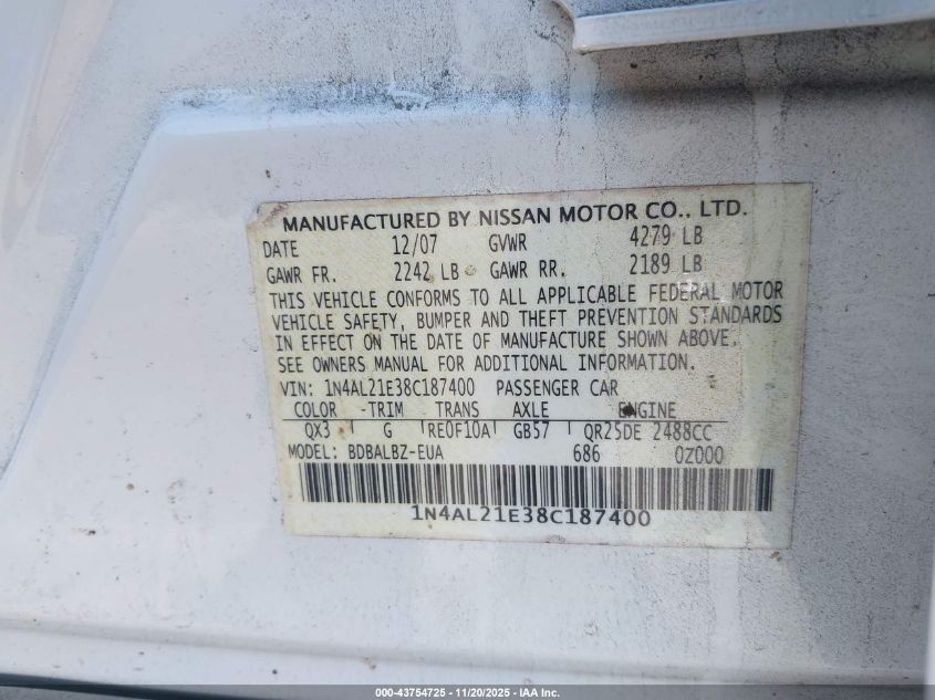 2008 Nissan Altima 2.5 S VIN: 1N4AL21E38C187400 Lot: 43754725