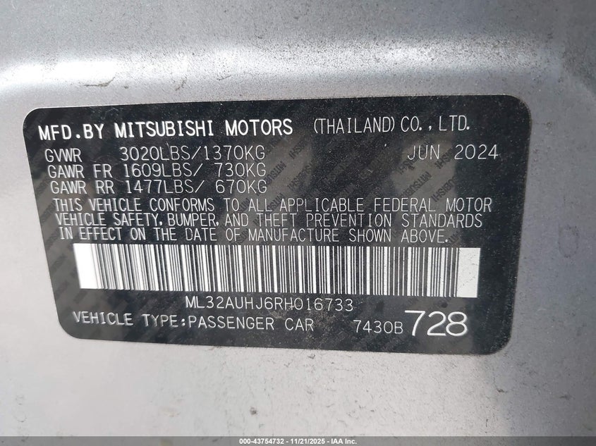 2024 Mitsubishi Mirage Es/Le VIN: ML32AUHJ6RH016733 Lot: 43754732