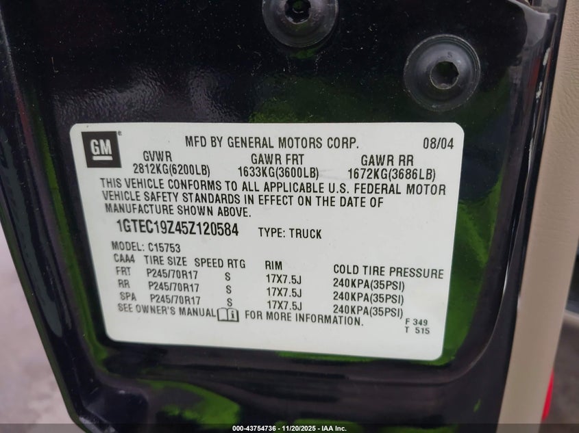 2005 GMC Sierra 1500 Sle VIN: 1GTEC19Z45Z120584 Lot: 43754736