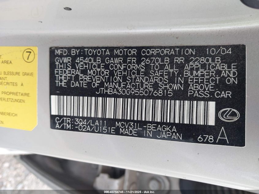 2005 Lexus Es 330 VIN: JTHBA30G955076815 Lot: 43754745