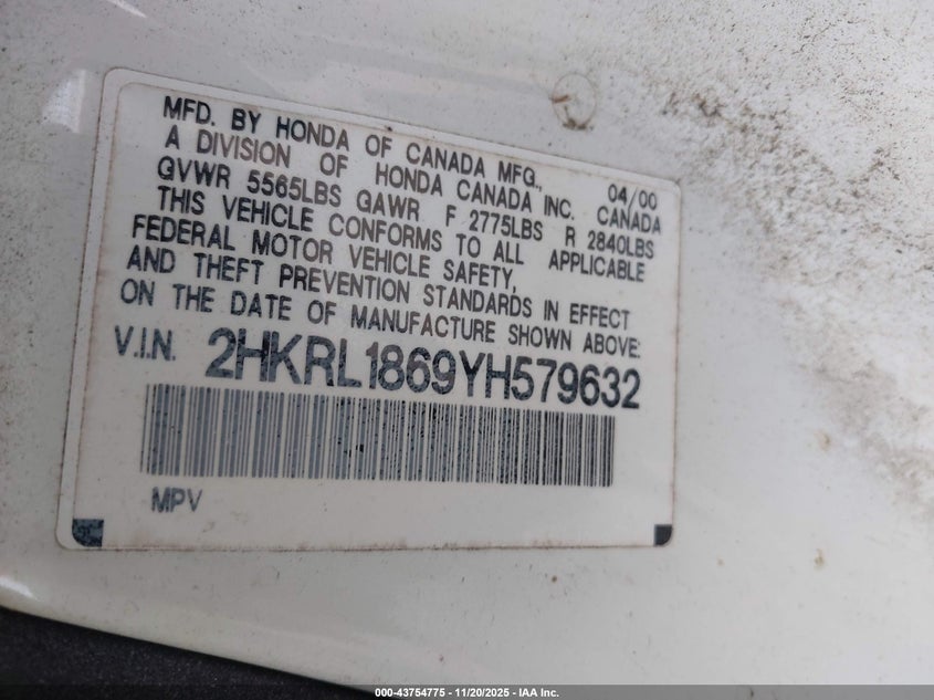 2000 Honda Odyssey Ex VIN: 2HKRL1869YH579632 Lot: 43754775