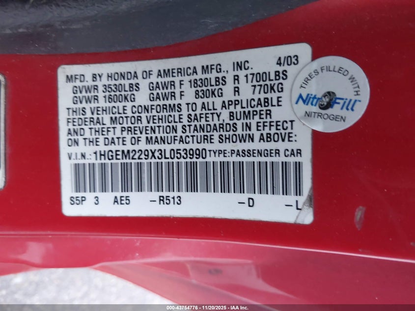 2003 Honda Civic Ex VIN: 1HGEM229X3L053990 Lot: 43754776