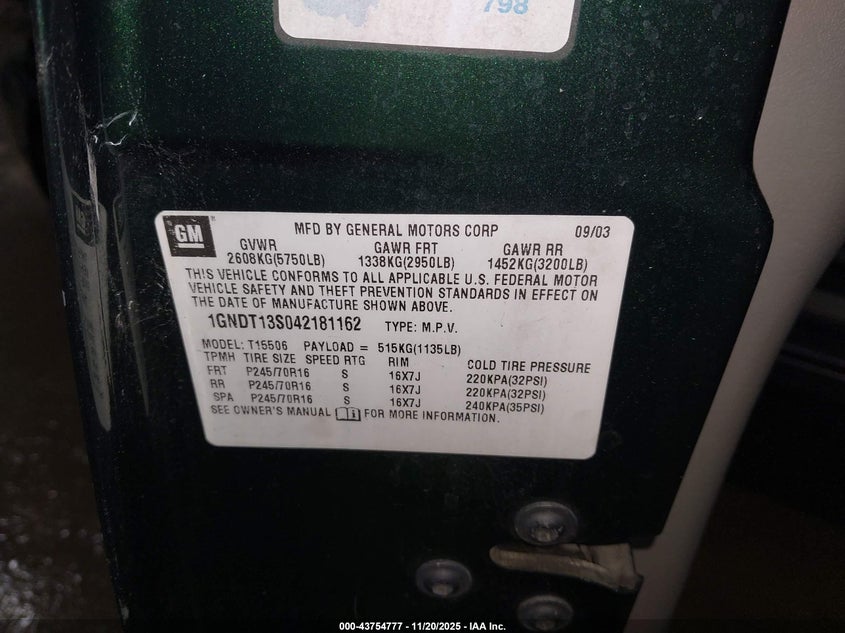 2004 Chevrolet Trailblazer Ls VIN: 1GNDT13S042181162 Lot: 43754777