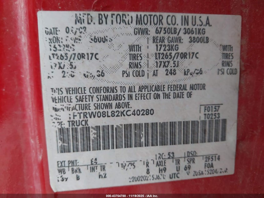 2002 Ford F-150 Lariat/Xlt VIN: 1FTRW08L82KC40280 Lot: 43754788