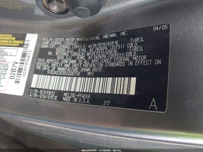 2005 Toyota Sienna Le VIN: 5TDZA23C95S326759 Lot: 43754797