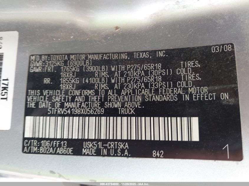 2008 Toyota Tundra Sr5 5.7L V8 VIN: 5TFRV54198X056269 Lot: 43754800