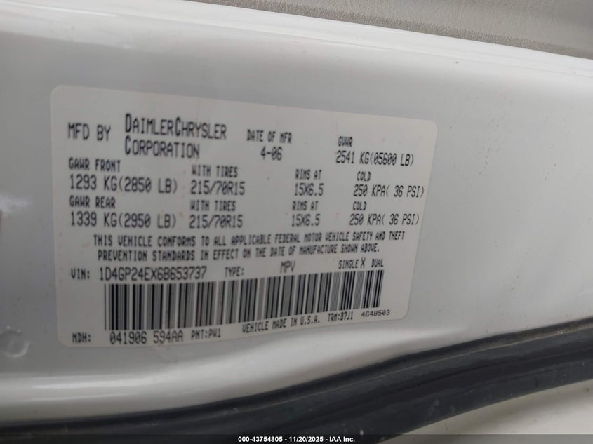 2006 Dodge Grand Caravan Se VIN: 1D4GP24EX6B653737 Lot: 43754805