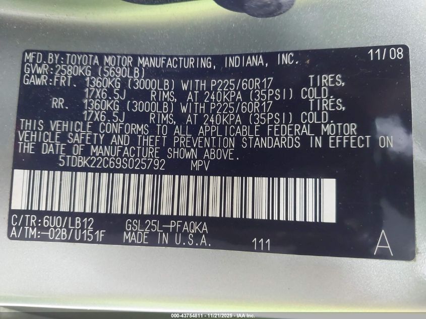 2009 Toyota Sienna Limited VIN: 5TDBK22C69S025792 Lot: 43754811