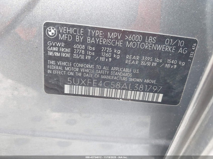 2010 BMW X5 xDrive30I VIN: 5UXFE4C58AL381797 Lot: 43754812
