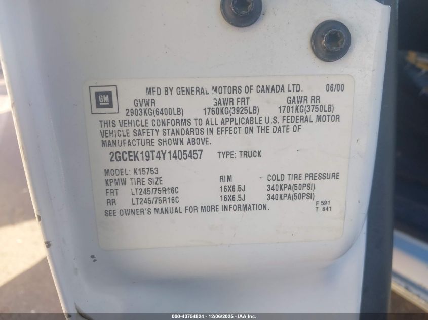 2000 Chevrolet Silverado 1500 VIN: 2GCEK19T4Y1405457 Lot: 43754824