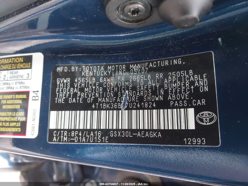 2007 Toyota Avalon Xls VIN: 4T1BK36B57U241824 Lot: 43754837