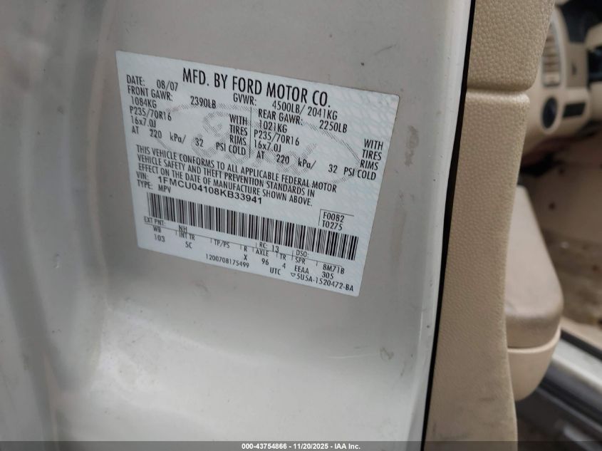 2008 Ford Escape Limited VIN: 1FMCU04108KB33941 Lot: 43754866