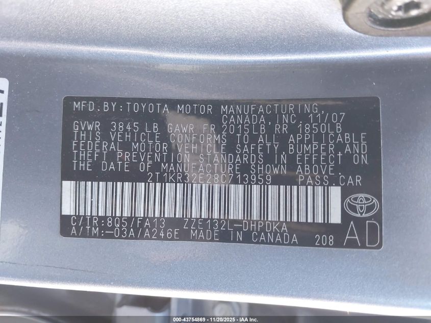 2008 Toyota Matrix VIN: 2T1KR32F28C713959 Lot: 43754869