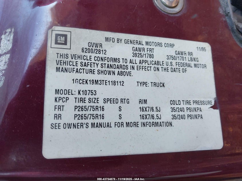 1996 Chevrolet Gmt-400 K1500 VIN: 1GCEK19M3TE118112 Lot: 43754878