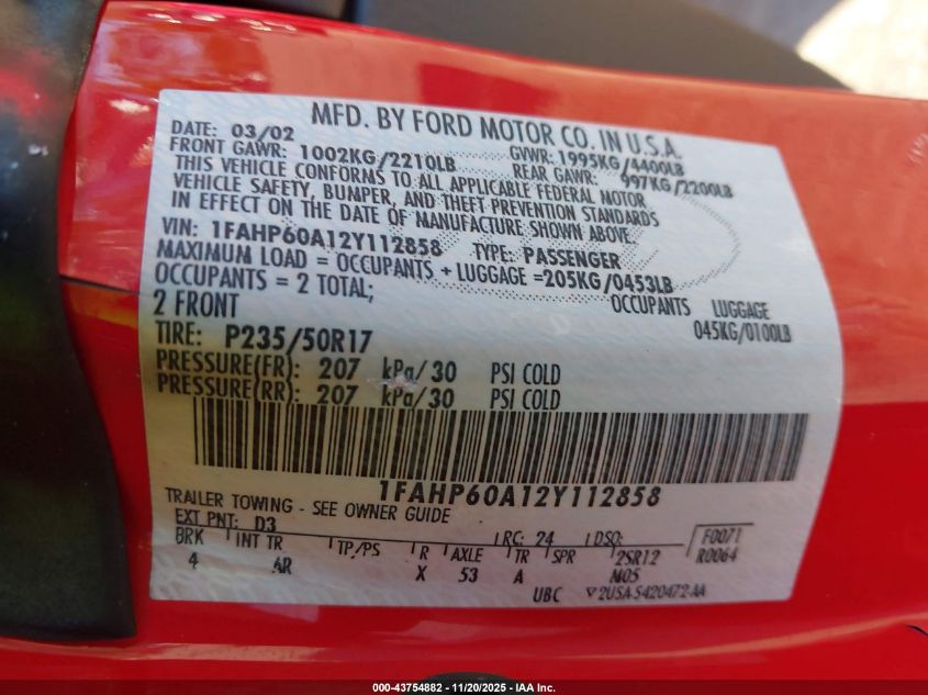 2002 Ford Thunderbird VIN: 1FAHP60A12Y112858 Lot: 43754882